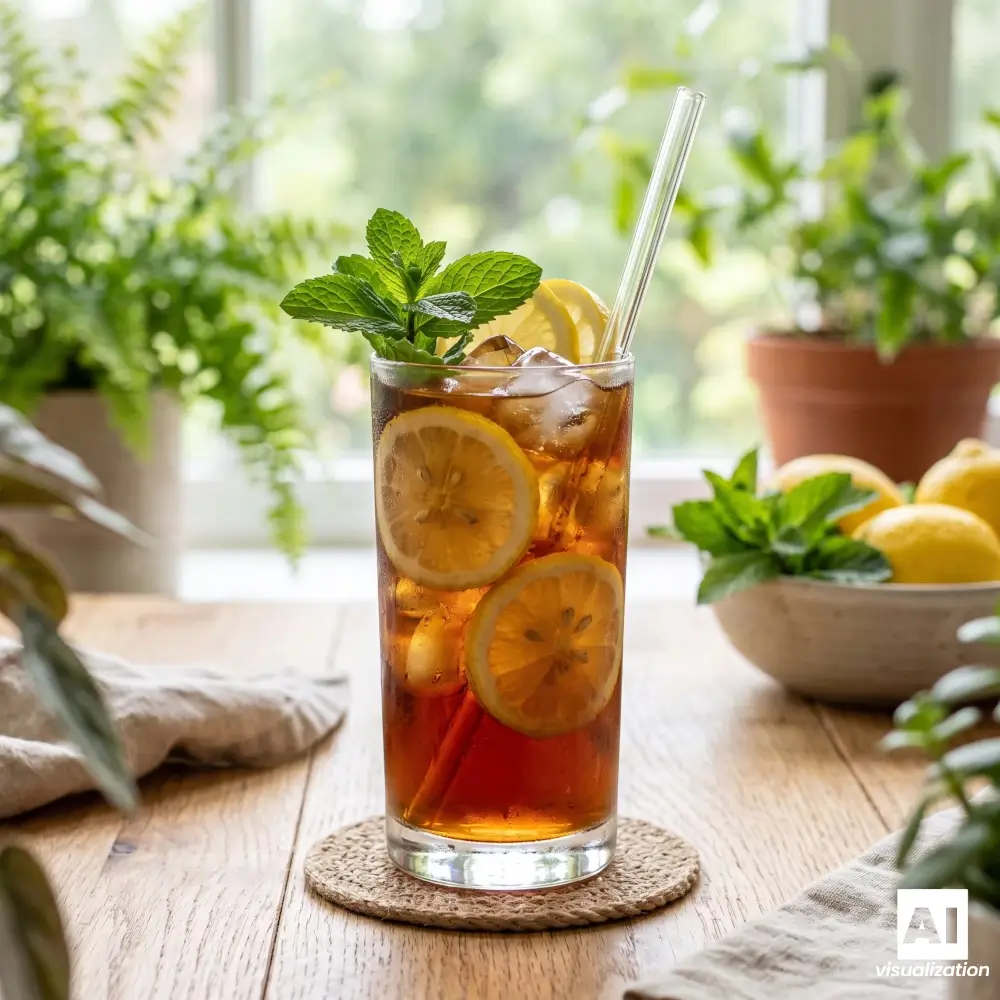 Tè nero freddo con limone, menta e cubetti di ghiaccio in un bicchiere alto.