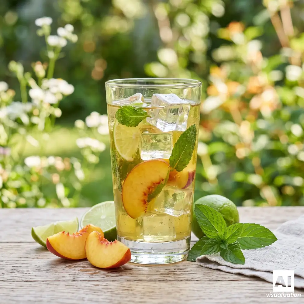 Tè verde freddo con pesca, lime, menta e cubetti di ghiaccio.