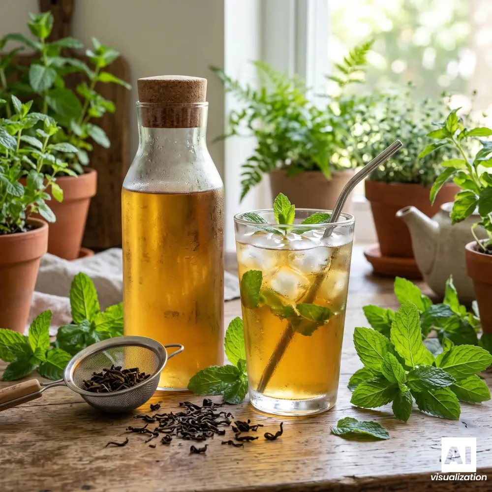 Tè freddo alla menta con ghiaccio in un bicchiere accanto a una bottiglia di tè.