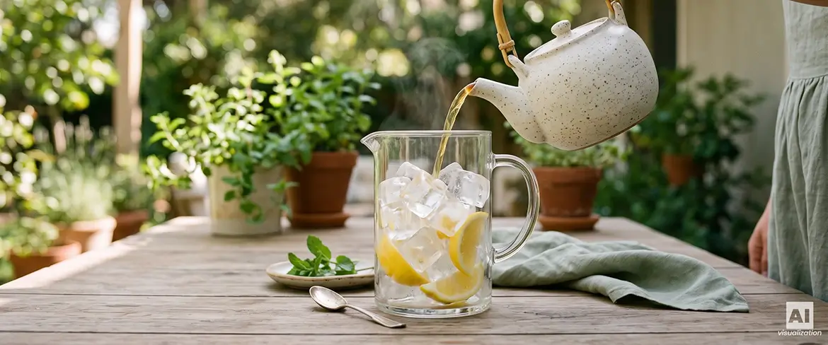 Tè caldo versato sul ghiaccio con fette di limone e menta.