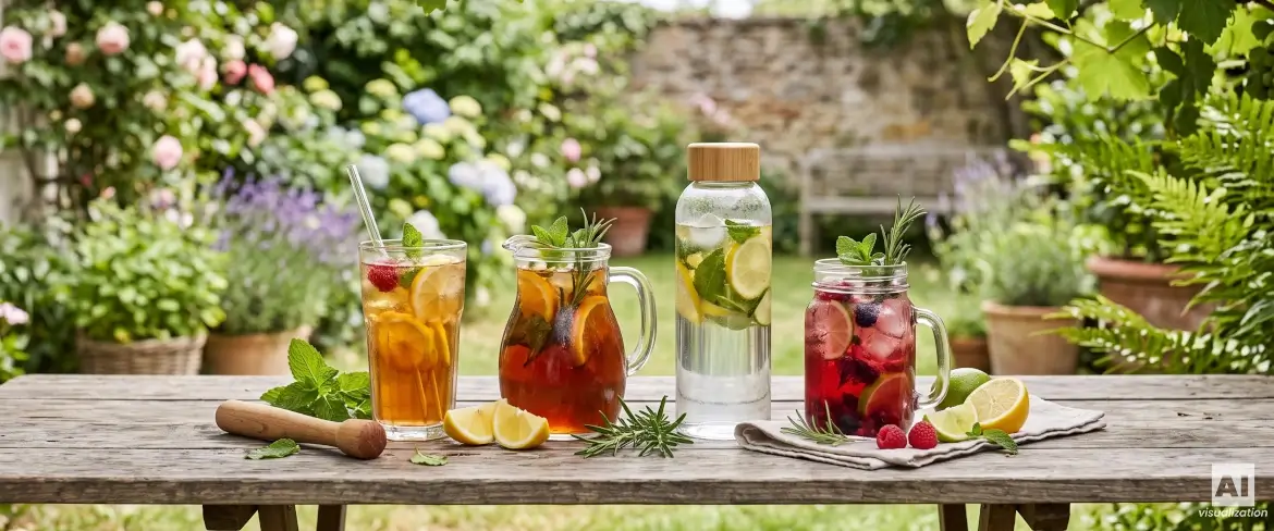 Varie bevande fredde in bicchieri, brocche, barattoli e una bottiglia con frutta ed erbe aromatiche.