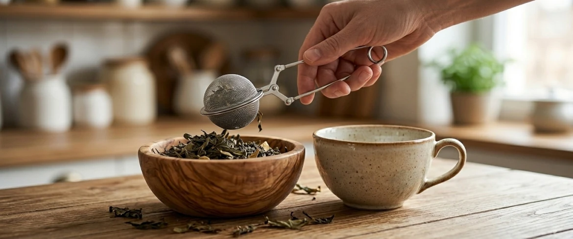 Un infusore da tè in acciaio a forma di pinza mentre si raccolgono le foglie sfuse da una ciotola di legno