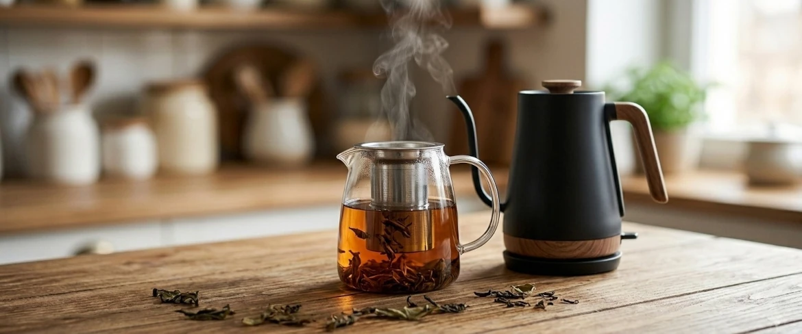 Una teiera di vetro con un infusore pieno di tè già pronto e un bollitore moderno: un set perfetto per preparare il tè