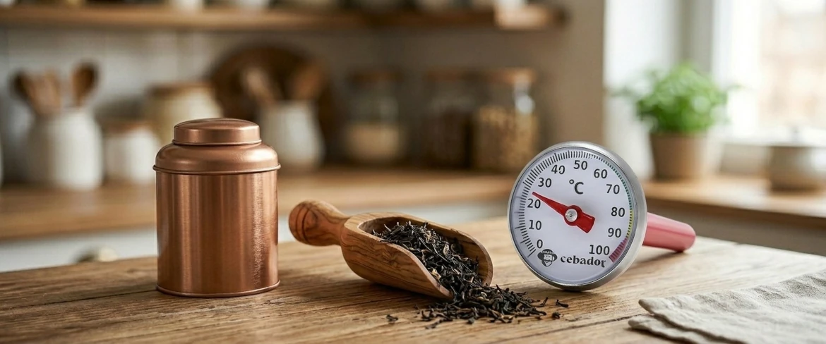 Accessori indispensabili per il tè: una scatola portatè in metallo, un misurino in legno pieno di foglie sfuse e un termometro da tè