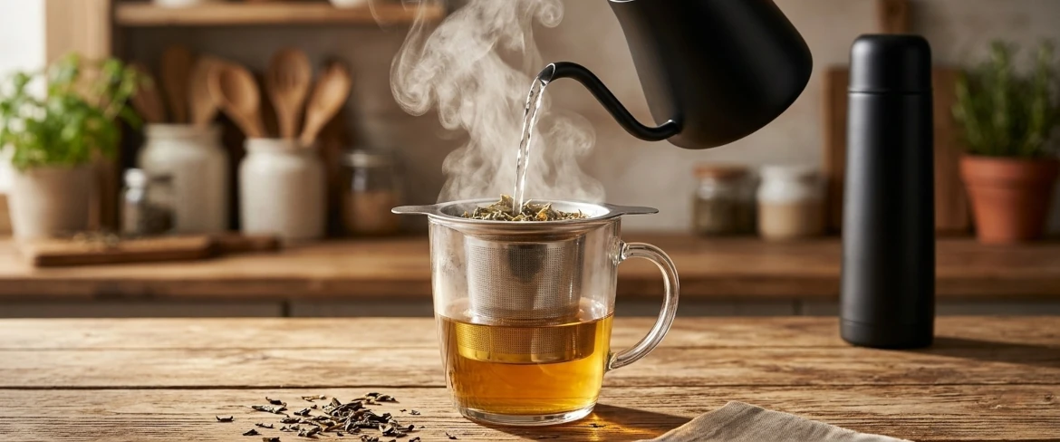 Versando acqua bollente in un capiente infusore da tè, con una teiera per tè nero sullo sfondo