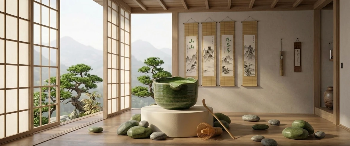 Ciotola e frullino per matcha in un ambiente tradizionale ispirato al chanoyu