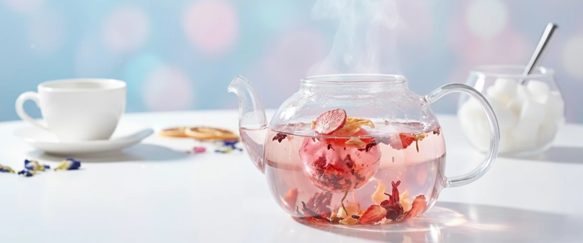 Pallina di isomalto preparata per l'infusione – tè cristallino in una teiera di vetro