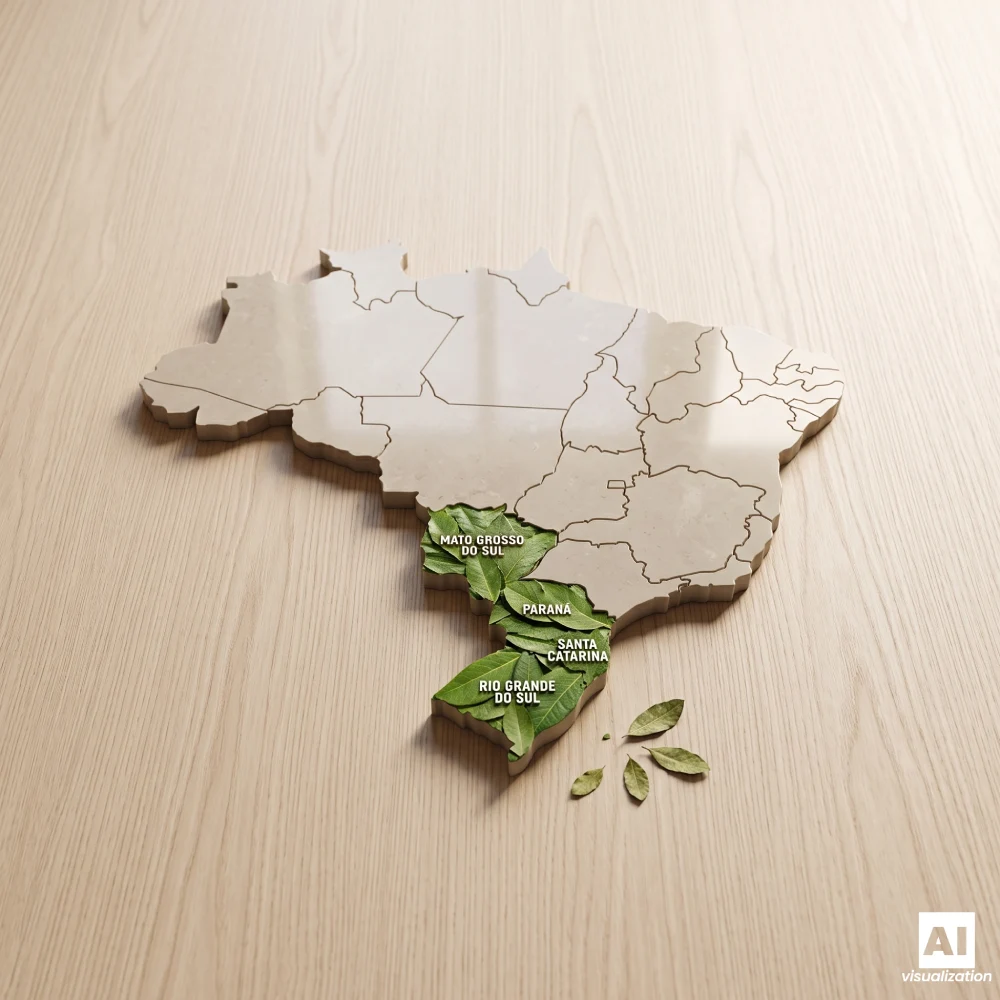 Mappa del Brasile con le regioni di coltivazione della yerba mate evidenziate e foglie verdi.
