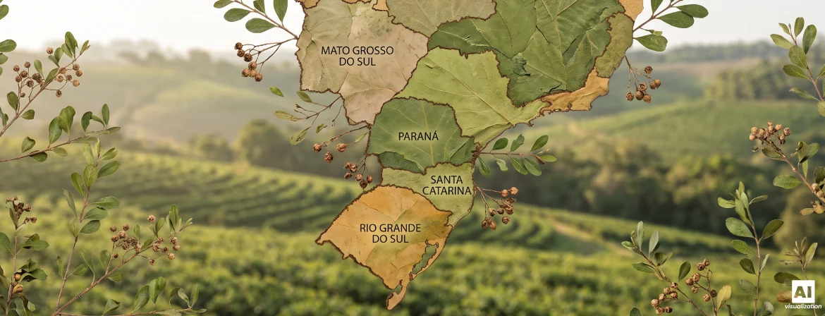 Mappa delle regioni brasiliane di coltivazione della yerba mate su uno sfondo di piantagioni e foglie di yerba mate.