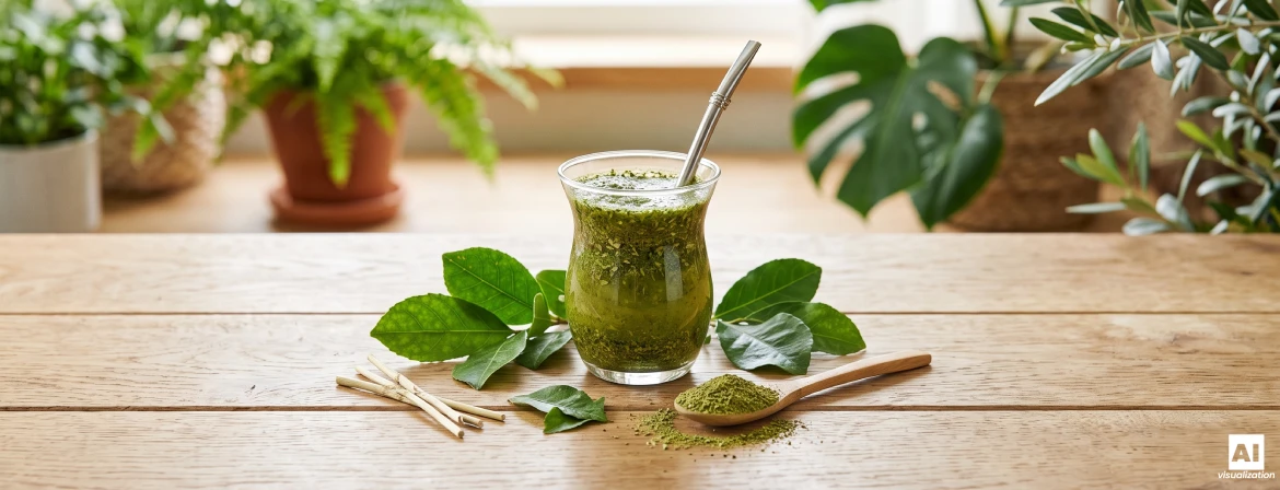 Vaso di vetro contenente yerba mate verde brasiliana, foglie di yerba mate e una foglia verde essiccata su un cucchiaio.
