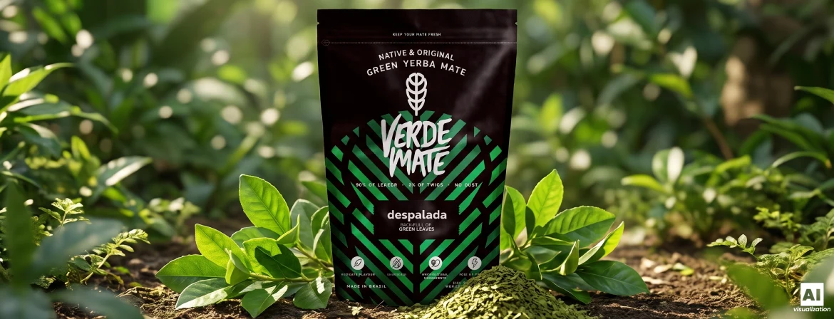Confezione Doypack “Verde Mate Green Despalada” tra foglie fresche e yerba mate verde essiccata.