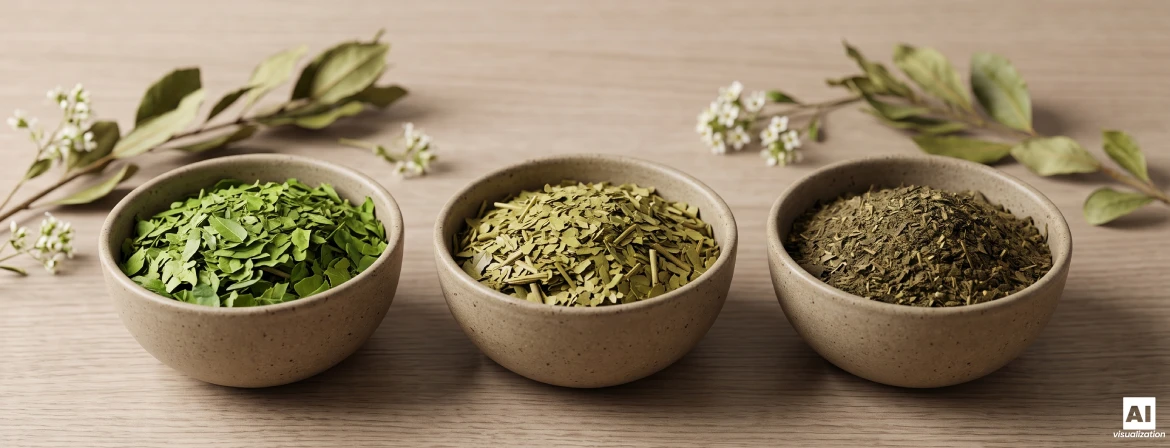 Tre ciotole di foglie essiccate di yerba mate di diverso colore, grana e intensità.