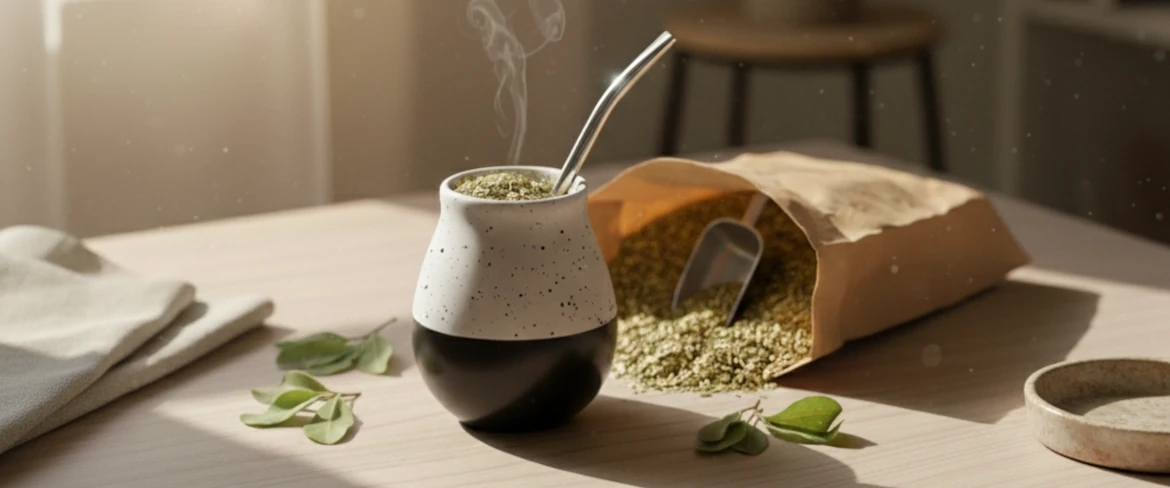 Zucca in ceramica con yerba mate e bombilla – recipiente in ceramica per yerba mate in luce naturale