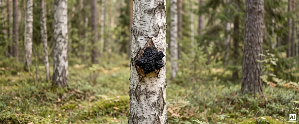 Crescita di chaga nero su un tronco di betulla in una foresta del nord.
