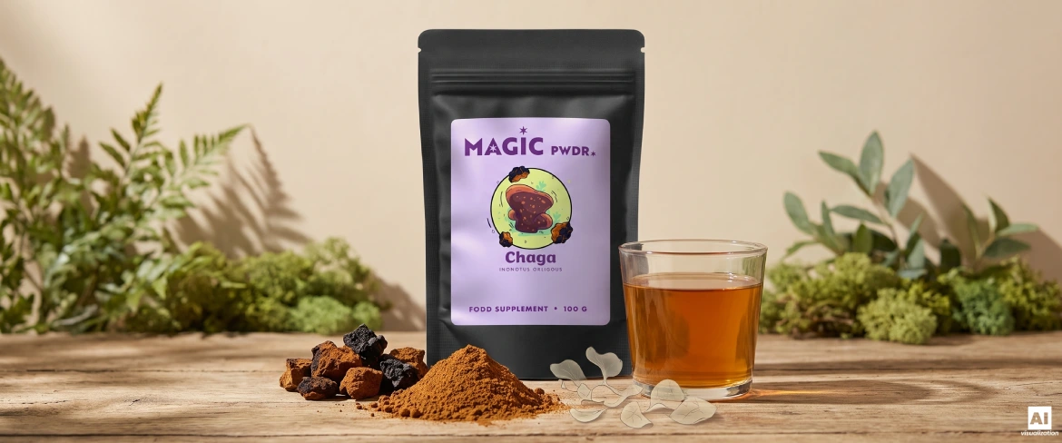 Estratto di chaga in polvere, pezzetti di fungo essiccato e un infuso accanto a una confezione doypack di Magic Pwdr.