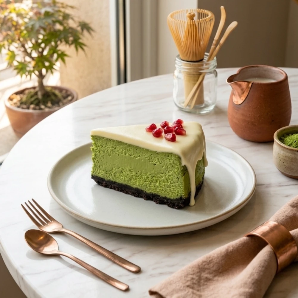 Cheesecake cremosa al matcha con cioccolato bianco e chicchi di melograno su un piatto leggero