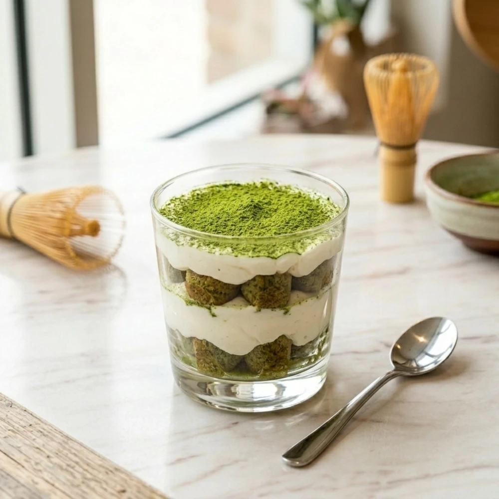 Un tiramisù al matcha a strati servito in una coppetta di vetro