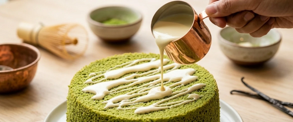 Decorare un dolce al verde con una glassa leggera, ovvero una spettacolare torta al matcha con cioccolato bianco
