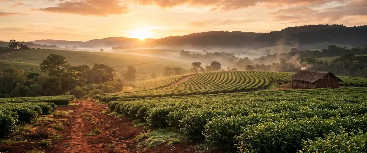 Una piantagione di agrifoglio avvolta dalla nebbia all’alba, da cui proviene la tradizionale yerba mate paraguaiana.