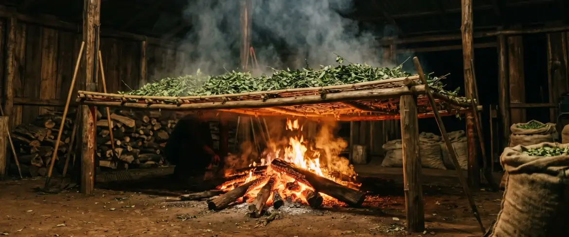 Metodo tradizionale di essiccazione delle foglie sul fuoco del barbacuá, che conferisce alla yerba mate paraguaiana il suo caratteristico sapore affumicato.