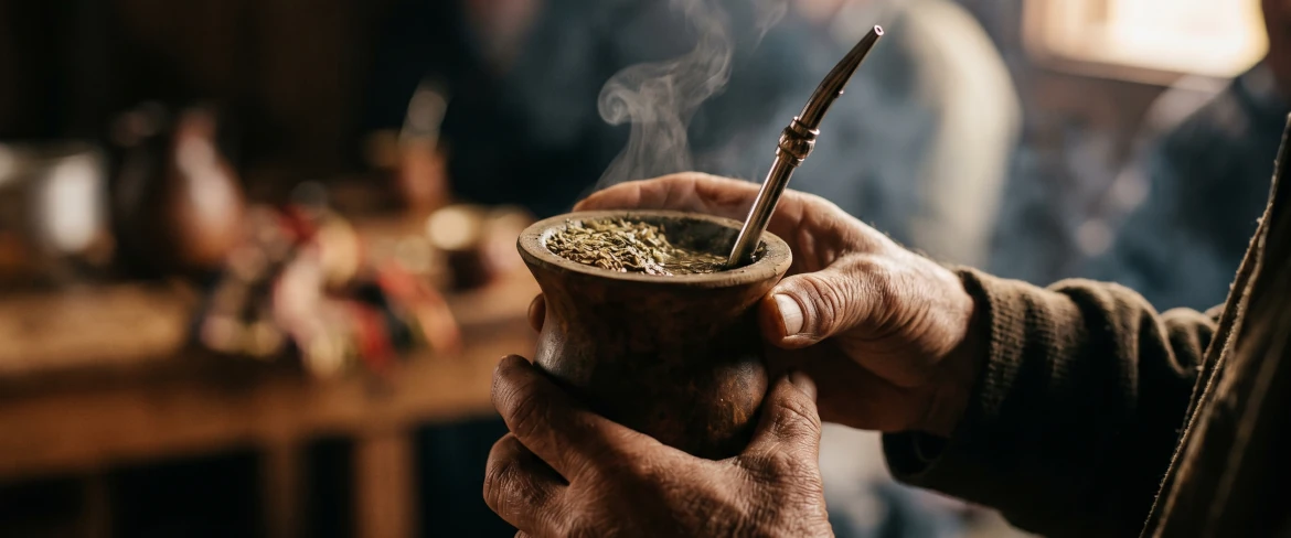 Mani che reggono una zucca da mate con un infuso caldo: il sapore, il calore e l’effetto stimolante della yerba mate più forte.