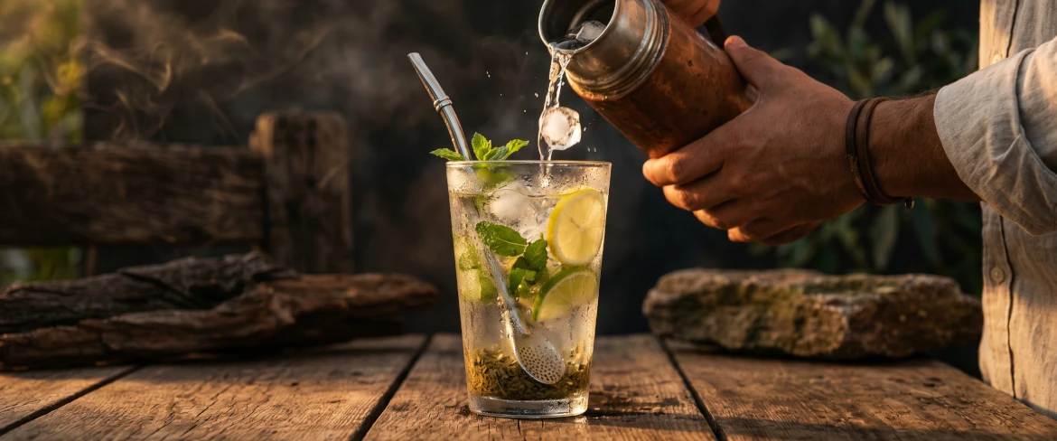 Un rinfrescante tereré con ghiaccio e menta, preparato con la classica yerba mate paraguaiana.