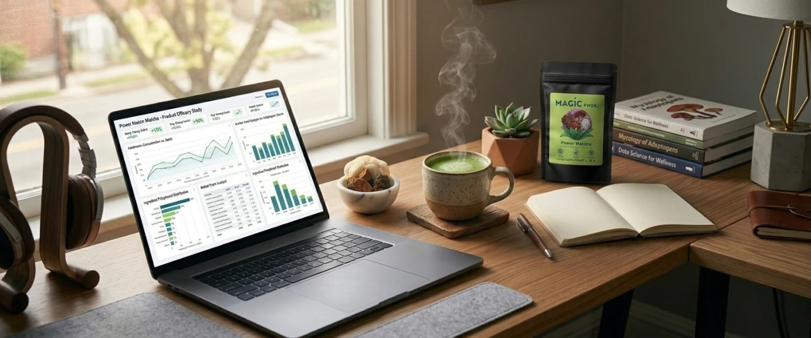 Spazio di lavoro moderno con computer portatile e una bevanda che favorisce la concentrazione, a base di estratto di funghi medicinali