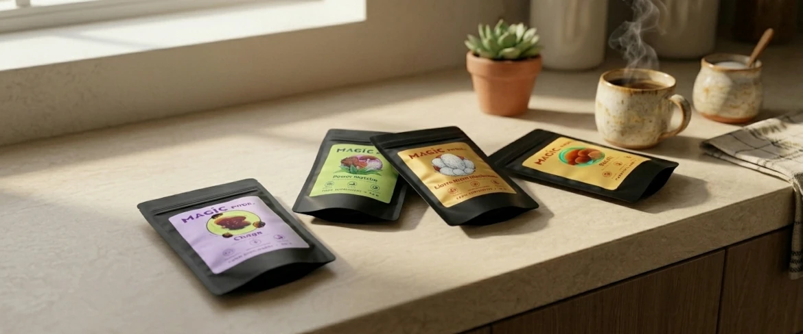 Integratori a base di funghi esposti sul piano della cucina, che mostrano l'intera gamma Magic Pwdr, tra cui reishi, chaga e criniera di leone