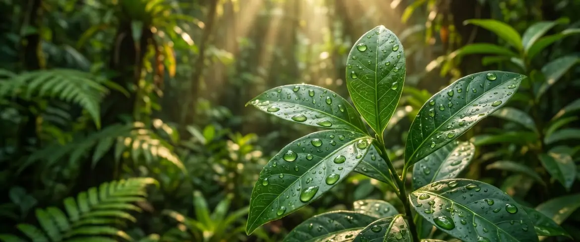 Foglie fresche di Ilex guayusa nella foresta pluviale amazzonica, utilizzate per preparare il tè alla guayusa.