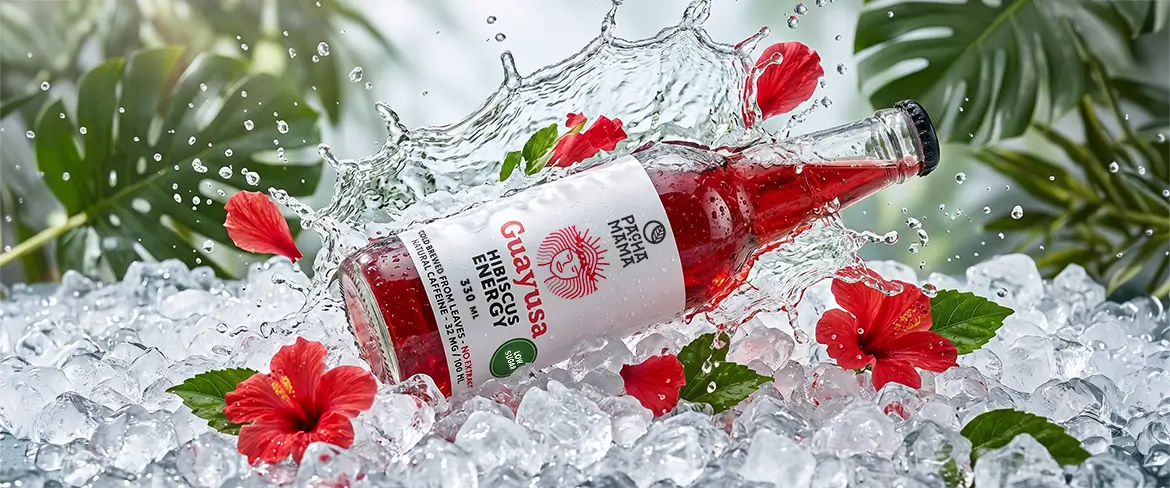 Bottiglia di Guayusa Pachamama Cold Brew su ghiaccio tritato con fiori di ibisco.