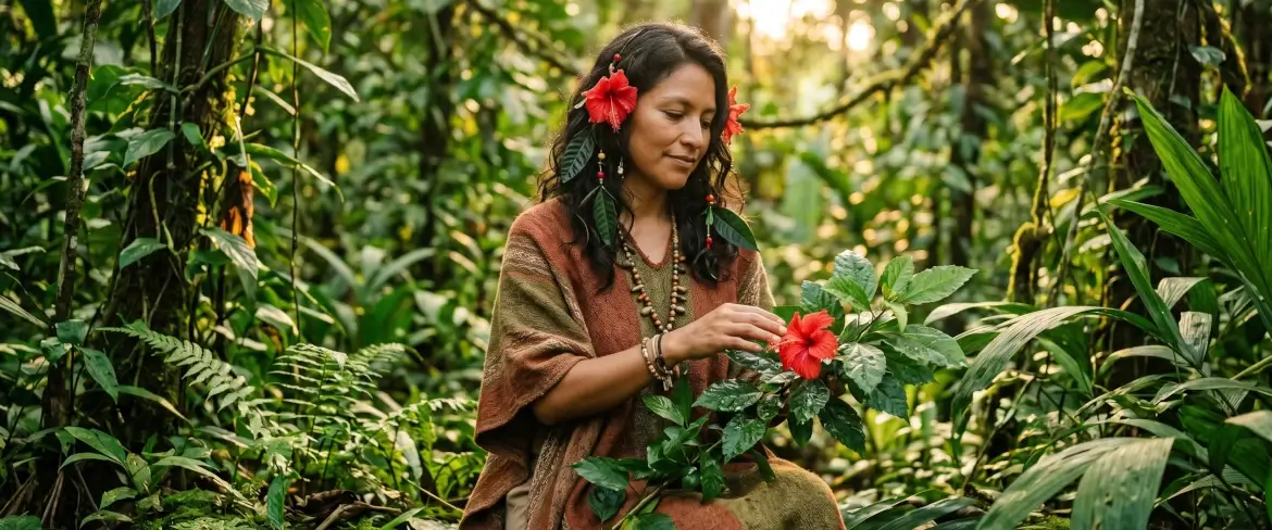 Una donna che incarna una dea andina, circondata dalla natura amazzonica e dai fiori di ibisco: un simbolo della filosofia sostenibile della Pachamama Guayusa.