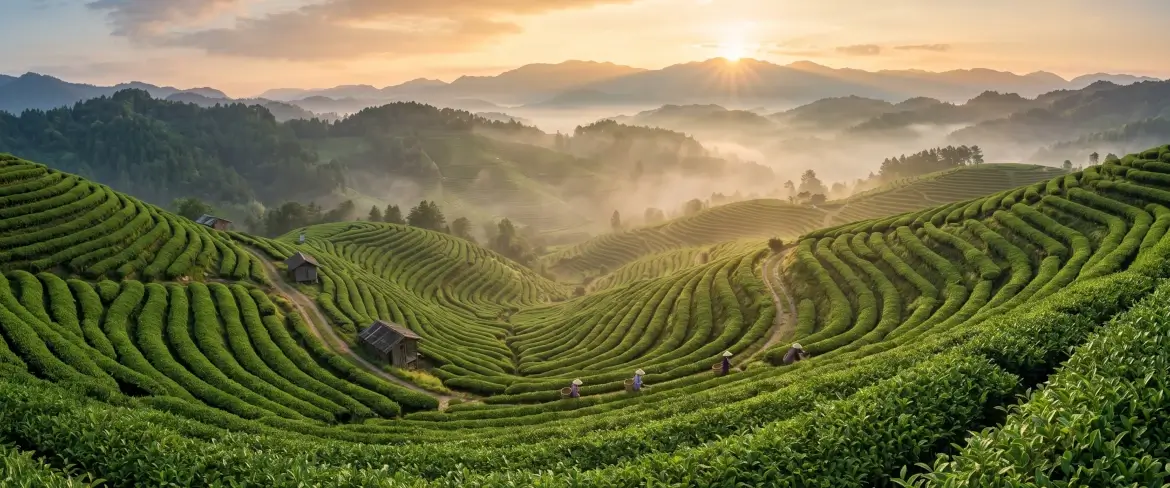 Una pittoresca piantagione di tè all'alba.