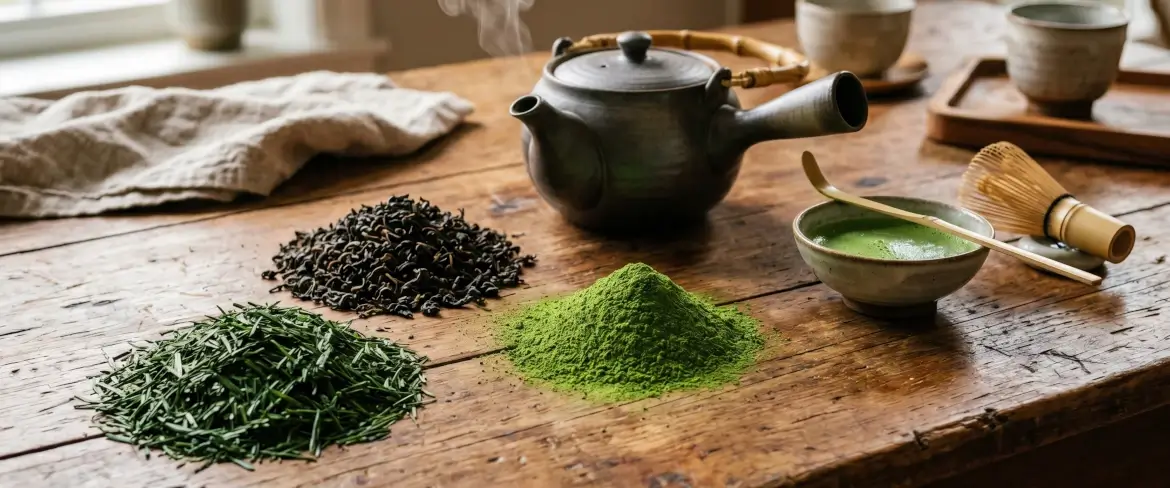 Foglie di tè sfuse su un tavolo di legno: tè verde cinese, matcha giapponese in polvere e tè nero indiano arrotolato.