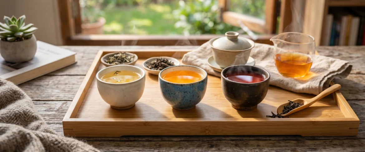 Tre tazze di infusi caldi su un vassoio di bambù che rappresentano diversi tipi di tè: un delicato tè cinese, un fresco tè giapponese e un corposo tè indiano.