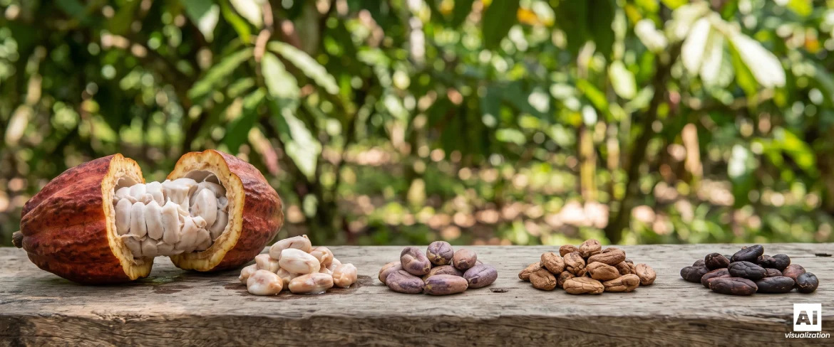 Frutti di cacao e fave di cacao sullo sfondo di una piantagione tropicale.