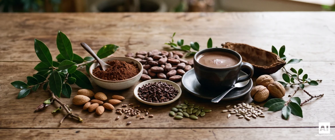Una tazza di cioccolata calda con cacao in polvere, fave di cacao e ingredienti di origine vegetale.