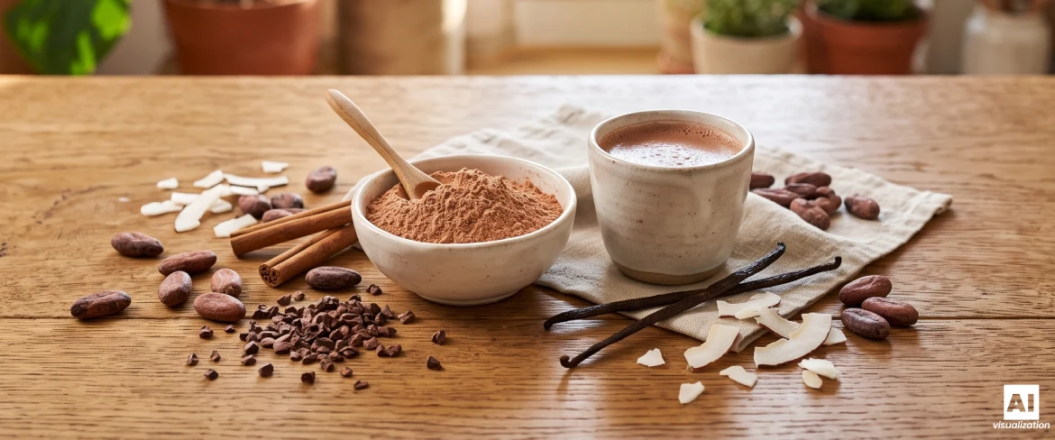 Cacao in polvere naturale con fave di cacao e una tazza di bevanda.