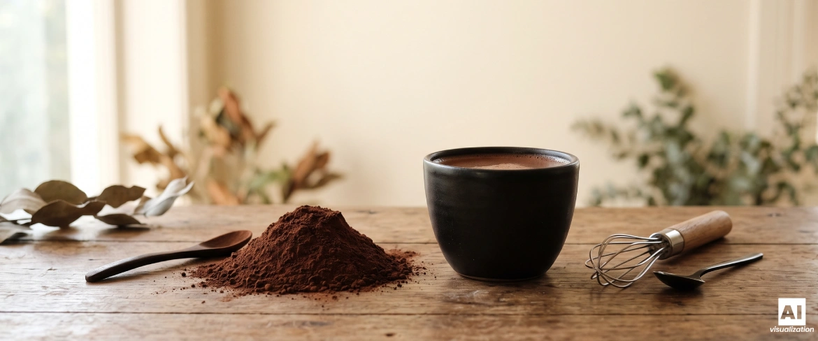 Cacao in polvere alcalinizzato e una bevanda al cacao fondente preparata con una frusta.