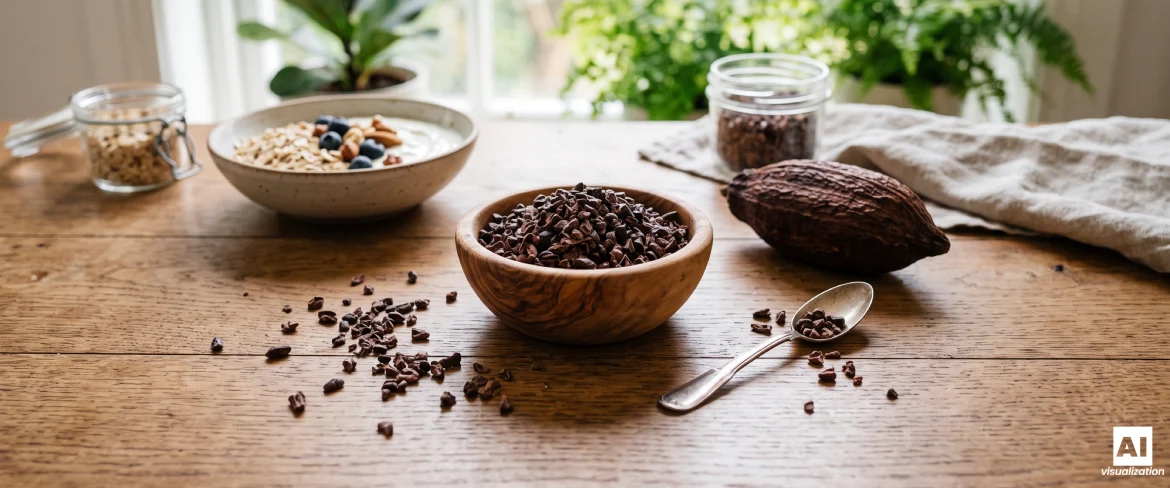 Fave di cacao tritate in una ciotola con un frutto di cacao e la colazione.