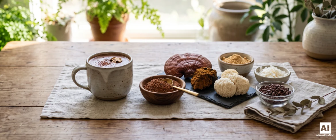 Una tazza di cioccolata calda, cacao in polvere, funghi reishi, chaga e criniera di leone e fave di cacao su un tavolo di legno.
