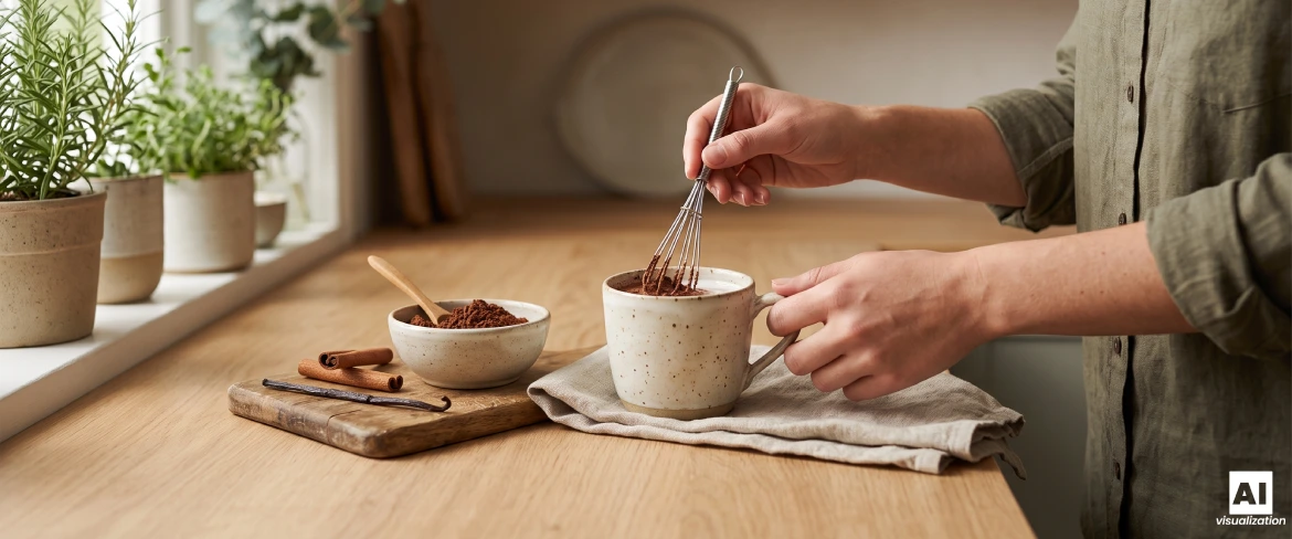 Preparare il cacao naturale in una tazza con una frusta.
