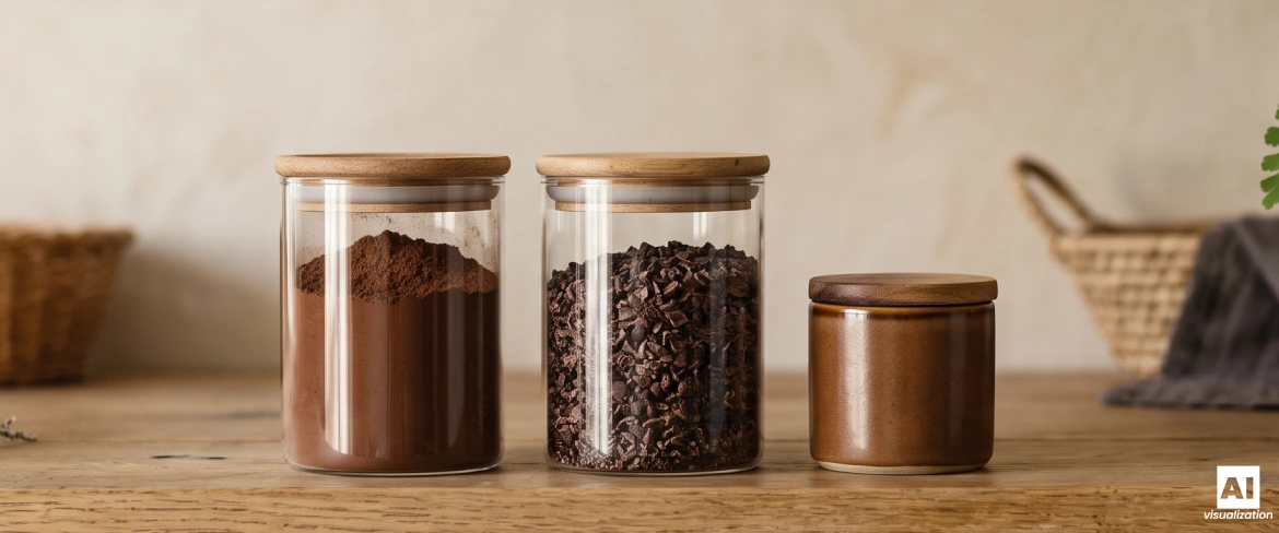 Cacao in polvere, fave tritate e pasta di cacao in contenitori ermetici.