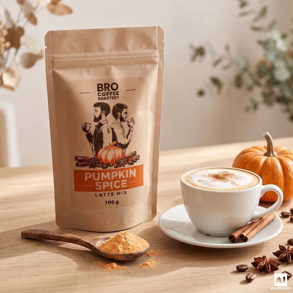 Miscela per Pumpkin Spice Latte di Bro Coffee Roastery, un cucchiaio di legno con polvere di zucca e una tazza di latte cosparsa di cannella.