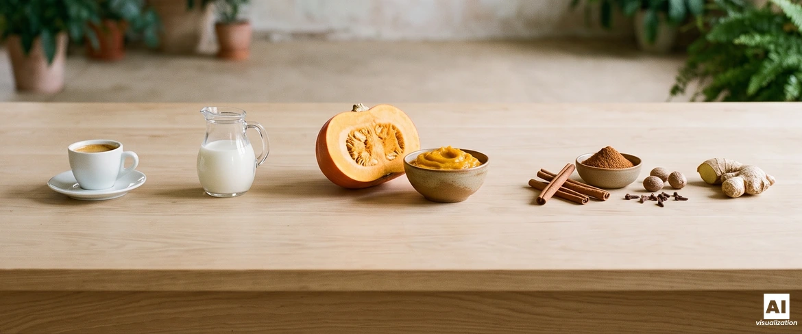 Ingredienti per il caffè alla zucca su un tavolo di legno: caffè espresso, latte, zucca, purea di zucca, cannella, noce moscata, chiodi di garofano e zenzero.