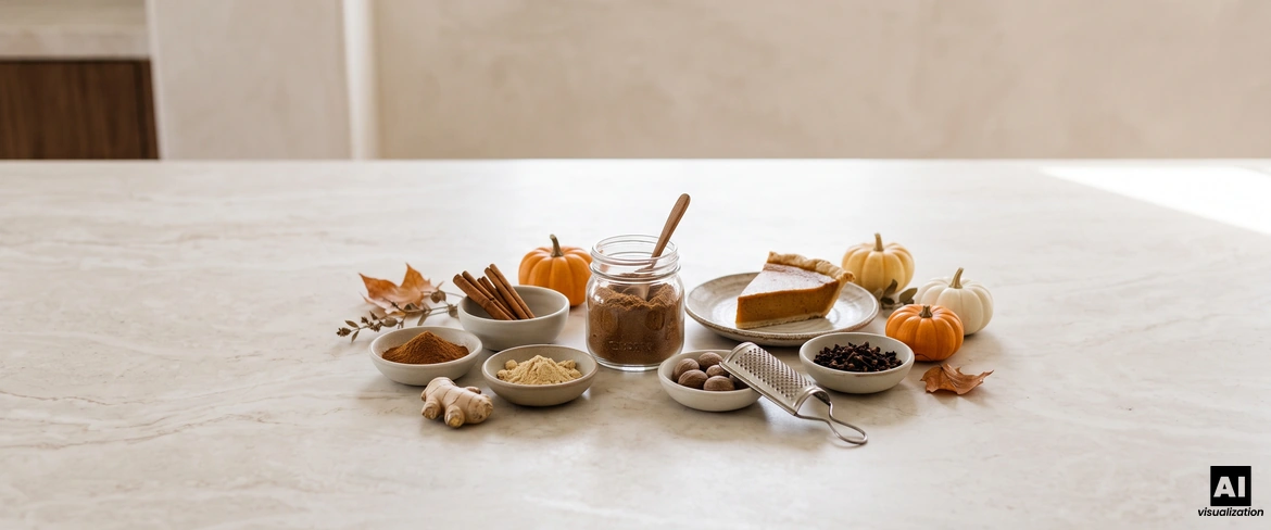 Miscela di spezie alla zucca fatta in casa in un barattolo, con cannella, zenzero, noce moscata, chiodi di garofano e una fetta di torta di zucca accanto.