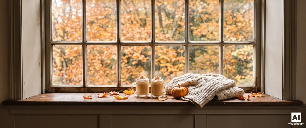 Due tazze di caffè alla zucca con panna montata sul davanzale della finestra, accanto a una piccola zucca e a un maglione di lana, con gli alberi autunnali fuori dalla finestra.