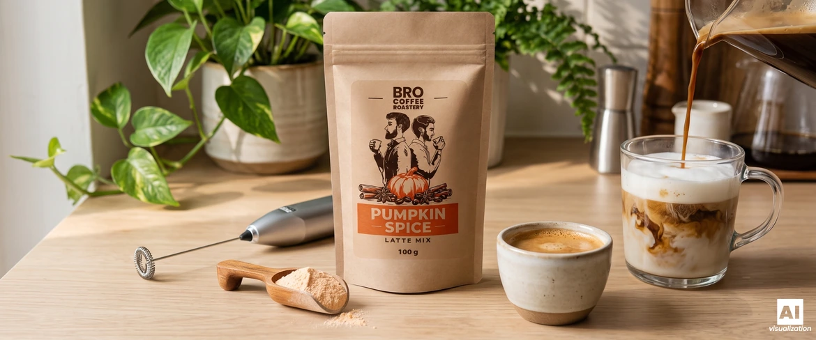 Miscela per Pumpkin Spice Latte di Bro Coffee Roastery, un montalatte e un espresso versato in un bicchiere con schiuma di latte.