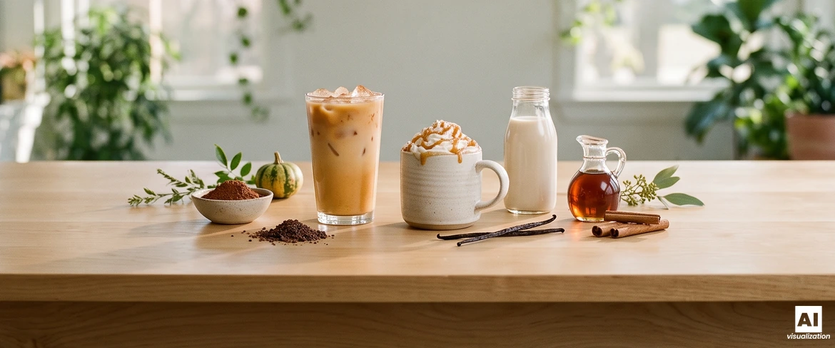 Caffè freddo alla zucca con ghiaccio e un latte caldo alla zucca con caramello, accanto a una bevanda a base vegetale, sciroppo d’acero, cacao e vaniglia.