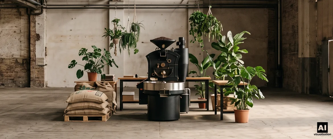 Una macchina per la torrefazione del caffè con un vassoio di raffreddamento, sacchi di caffè verde e piante in una torrefazione artigianale.