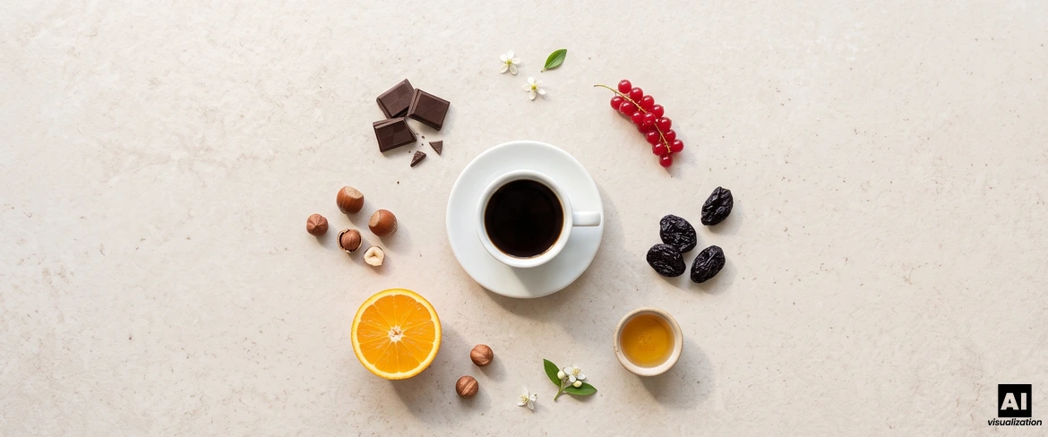 Una tazza di caffè nero circondata da cioccolato, frutta secca, arance, ribes e miele, che ne esaltano le note aromatiche.